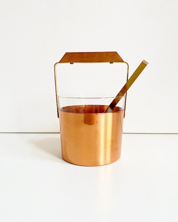 Vintage Mid Century Ice Cube Tray, Smoked Glass, Copper, Brass and Teak / Ice Bucket / with Ice Tong