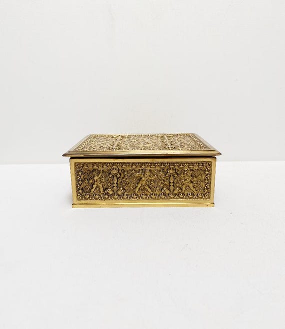 Antique Art Nouveau Erhard and Sons cigar box made of brass / case / cherubs / putto / angel / gold / storage / Tobacianna