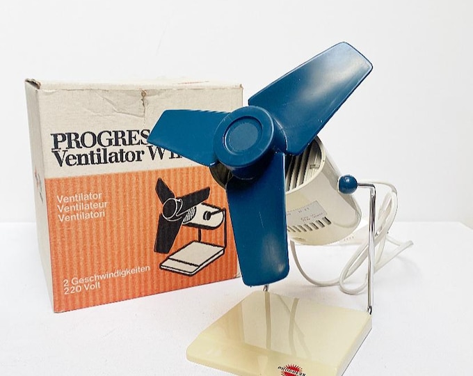 Vintage "Progress Ventilator W11" table fan, made in Italy 80s/90s, blue
