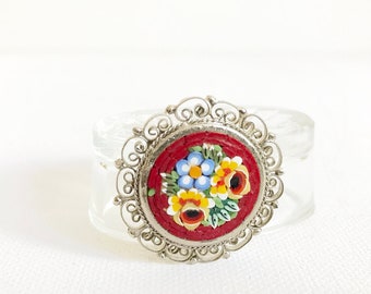 Broche Ancienne Micro Mosaïque Millefiori Mandoline - 4,5 Cm, Verre Et Laiton, Thème Musique