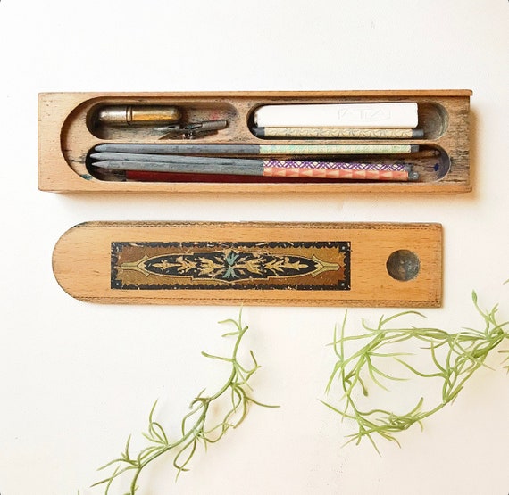 Antique wooden pen storage / pencil case with charcoal pencils and wooden pen holder