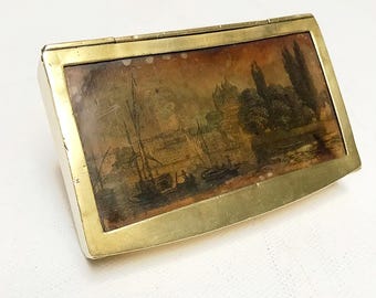 Antique tobacco tin, brass cigarette tin with miniature painting, snuff storage, snuffbox landscape motif