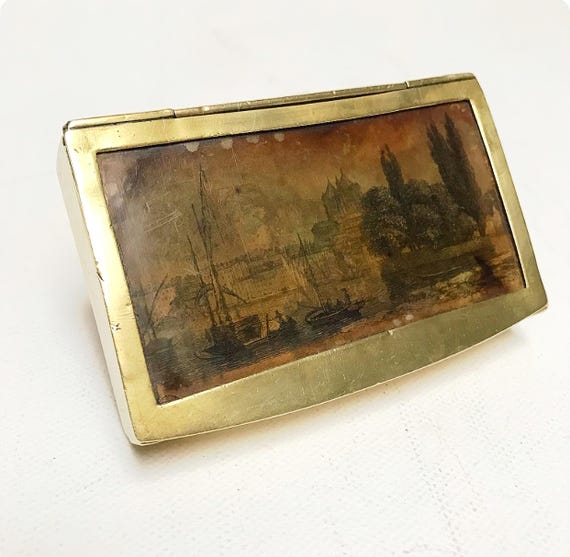 Antique tobacco tin, brass cigarette tin with miniature painting, snuff storage, snuffbox landscape motif