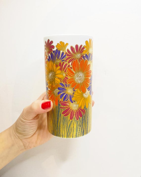 Vintage porcelain Rosenthal Studioline vase / Rosamonde Nairac / Gold with flowers in orange and purple