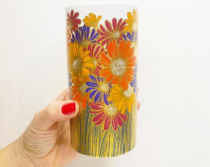 Vintage porcelain Rosenthal Studioline vase / Rosamonde Nairac / Gold with flowers in orange and purple
