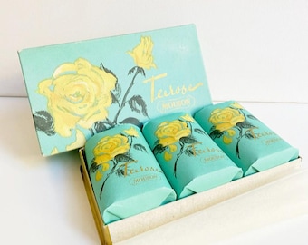 Vintage Mouson "Tea Rose" soap, box with three soap bars, 1950s-1960s