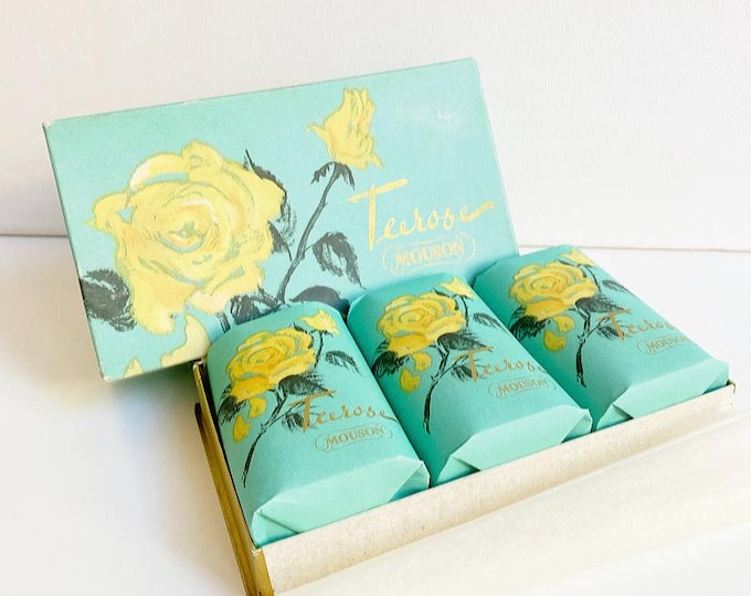 Vintage Mouson "Tea Rose" soap, box with three soap bars, 1950s-1960s