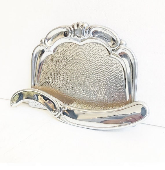 Vintage Hammered Dustpan / Table Sweeper / Silver / Aluminum / Wood / Natural Bristles / Table Brush