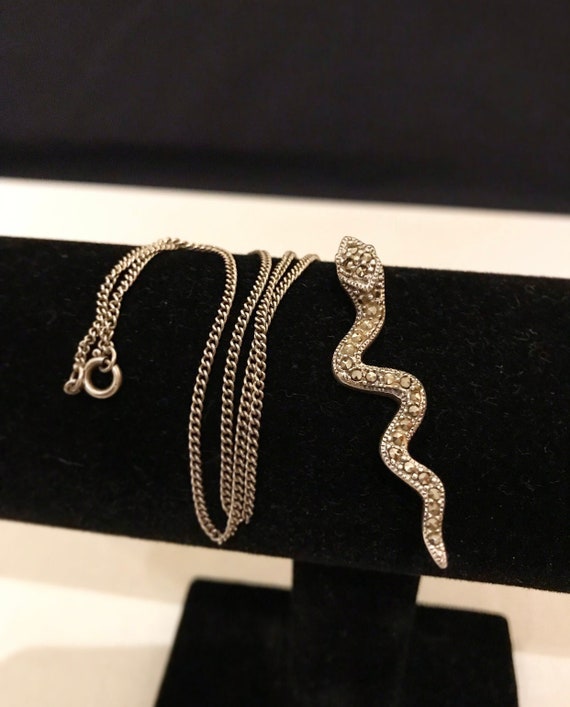 Vintage 925 Sterling Silver Snake Pendant with Marcasite, Necklace with Snake