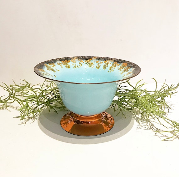 Vintage copper-enamel bowl on foot / bowl / handcraft from the 60s / 70s / speckled