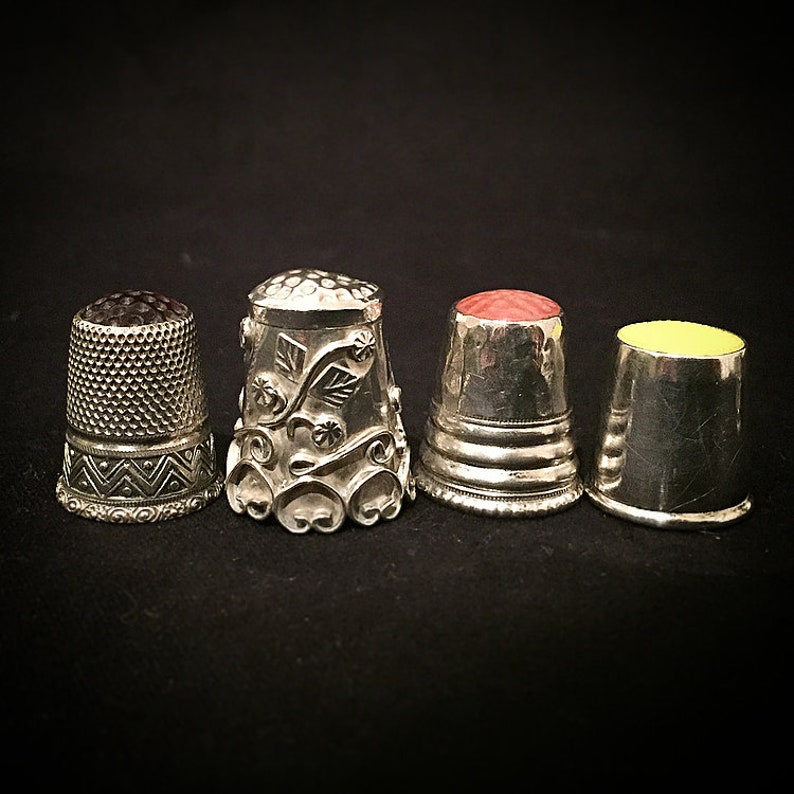 Antique Art Deco Art Nouveau 800,925,935 silver thimble thimbles with glass trim relief pattern thimble collectors