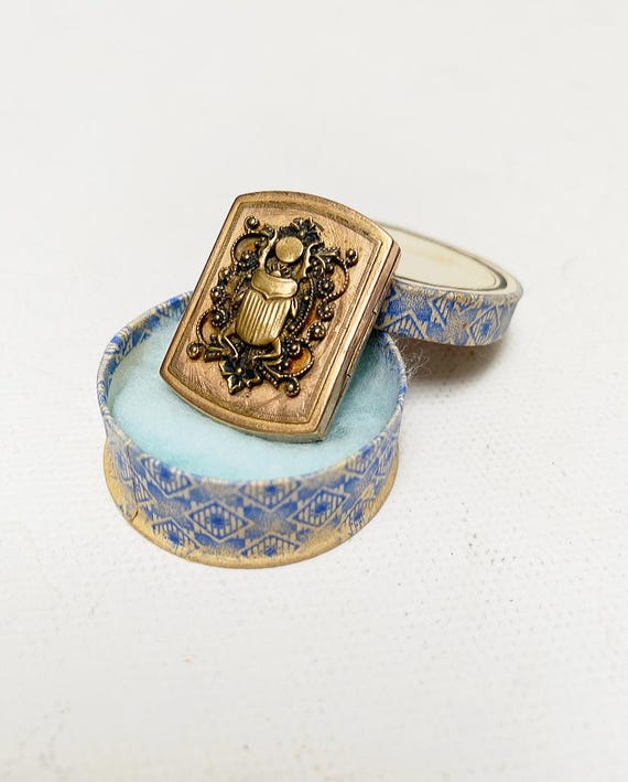 Antique Art Nouveau lucky charm scarab with dung ball medallion, miniature box, storage for keepsakes, gold plated