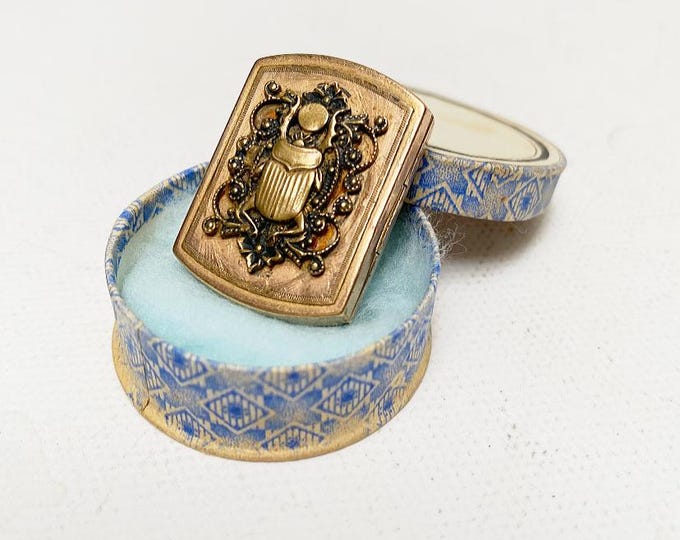 Antique Art Nouveau lucky charm scarab with dung ball medallion, miniature box, storage for keepsakes, gold plated
