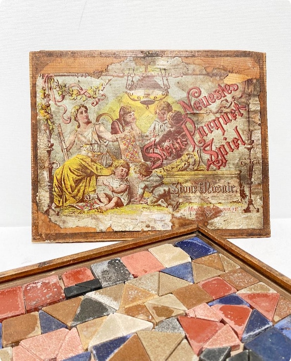 Antique Art Nouveau game "Neustes Stein-Parquet-Spiel", Stone Mosaic, made in Germany, 1900s