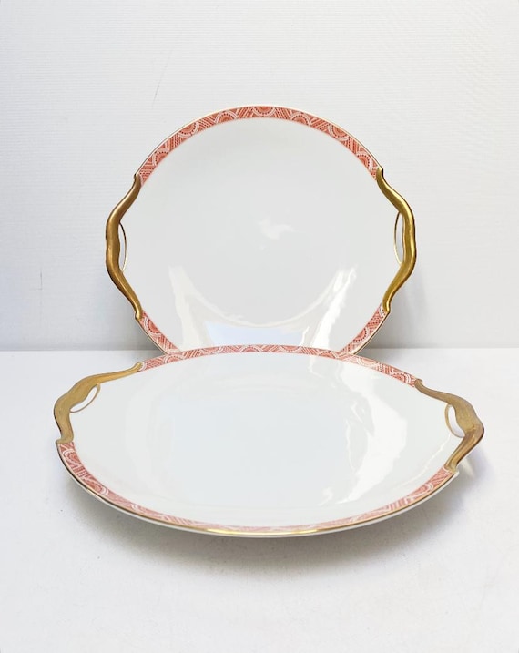 Antique Art Deco Hutschenreuther porcelain serving plate, F.E. Buch Cassel, large plate with handle, orange-gold