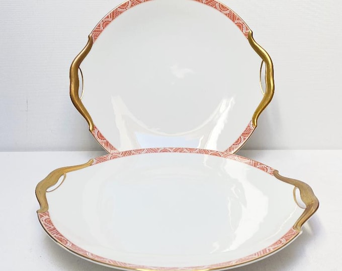 Antique Art Deco Hutschenreuther porcelain serving plate, F.E. Buch Cassel, large plate with handle, orange-gold
