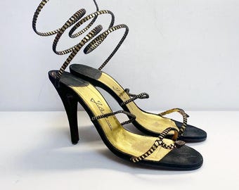 Vintage Y.A.D. Paris Schlangen-Sandaletten – Schwarz & Gold – Späte 70er / Frühe 80er – "Serpenti" Coil Heels – Gr. 39