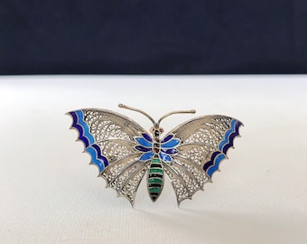 Antique Art Deco real silver filigree enamel butterfly brooch / Vienna, Austria, toucan head hallmark 800 silver