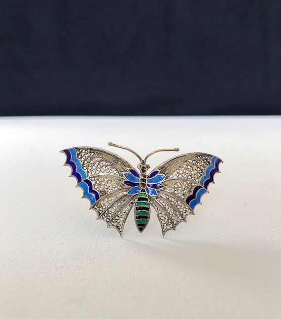 Antique Art Deco real silver filigree enamel butterfly brooch / Vienna, Austria, toucan head hallmark 800 silver
