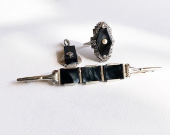 Antique Art Deco Silver Onyx Marcasite Jewelry / Bar Brooch / Necklace Pendant / Ring with River Pearl