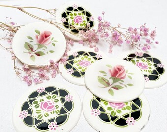 Antique Art Deco ceramic coasters / floral with flowers - roses motif, set of 7 pieces