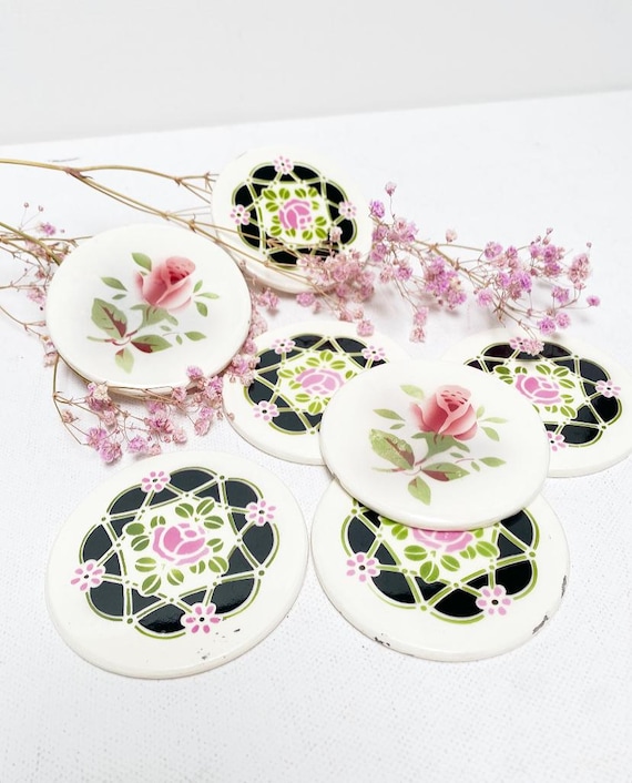 Antique Art Deco ceramic coasters / floral with flowers - roses motif, set of 7 pieces