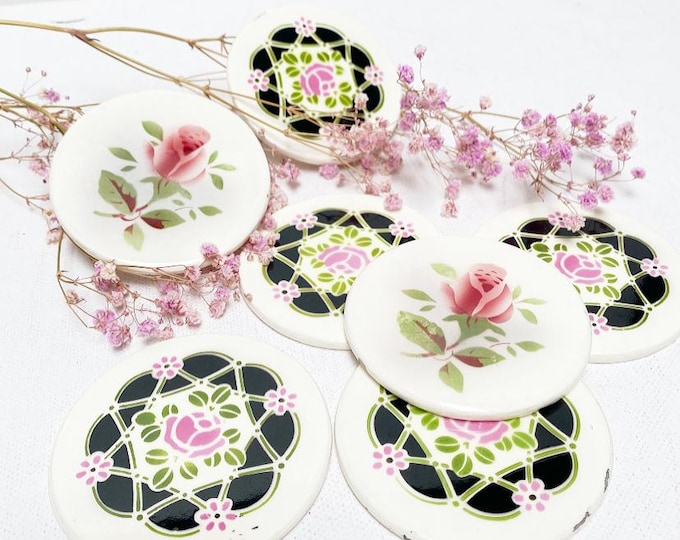 Antique Art Deco ceramic coasters / floral with flowers - roses motif, set of 7 pieces
