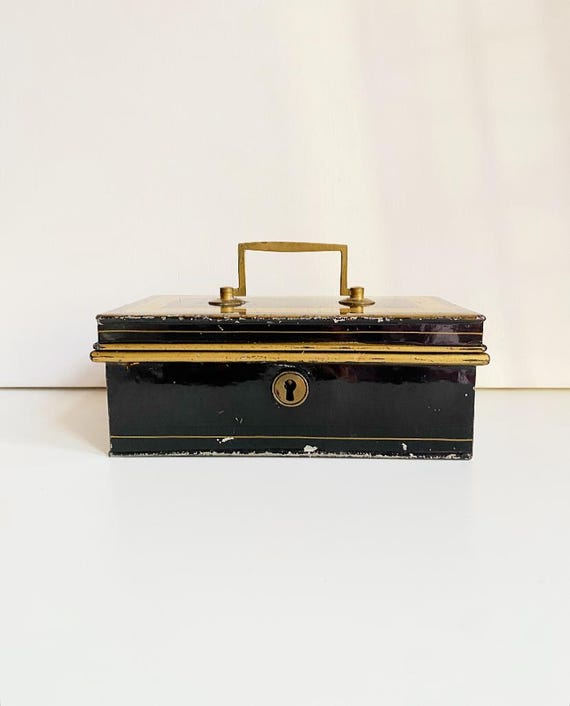 Antique brass box, black lacquered cash box, register, box / lidded chest / storage
