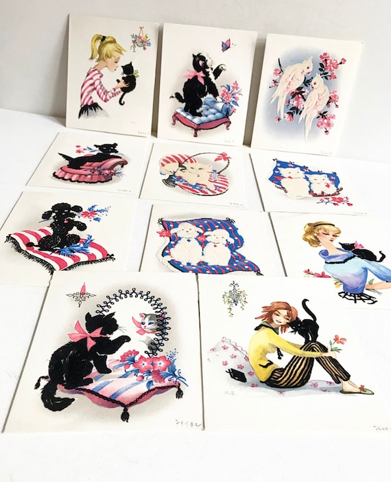 Vintage 50's vintage greeting cards / double cards / dog and cat motifs / velvet pad / petticoat / retro