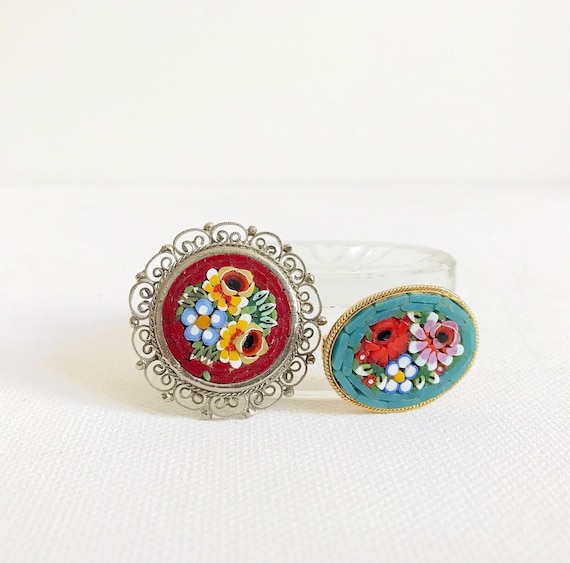 Antique millefiori brooch / micro-mosaic / Italy / floral pattern / gold-colored / Italy