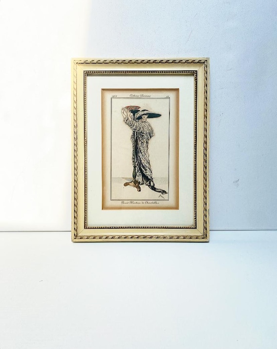 Antique Art Deco hand-colored engraving, framed "Costumes Parisens" lady in chinchilla coat, fashion magazine 1930s, Paris France
