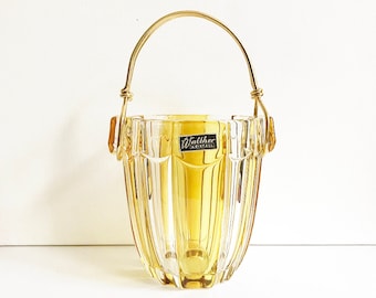 Vintage crystal glass ice cube tray "Walther Kristall, yellow - gold handle, handle / ice bucket / bar stuff