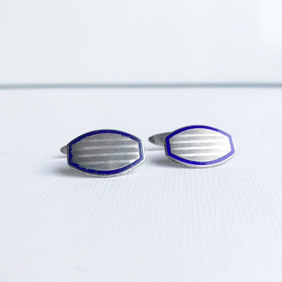 Antique Art Deco 830 silver cufflinks Fühner & Aßmus, Pforzheim / Blue enamel / Abstract