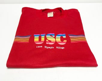 Vintage Original USC 1984 Olympic Village T-Shirt, Rainbow Shirt, Red Ladies Size S
