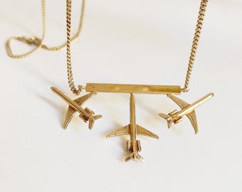 Vintage 925 sterling silver necklace, gold-plated, with three airplanes, flight attendant, frequent flyer gift, airplane jewelry