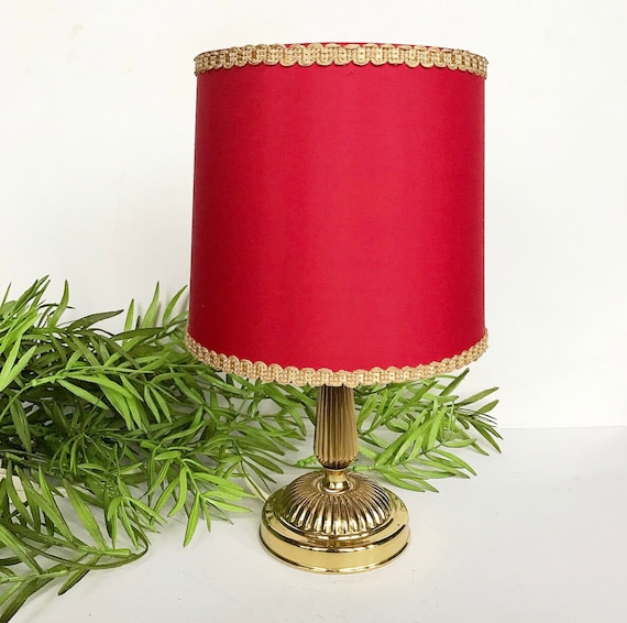 Vintage Mid Century Table Lamp / Brass / Red Fabric Shade 