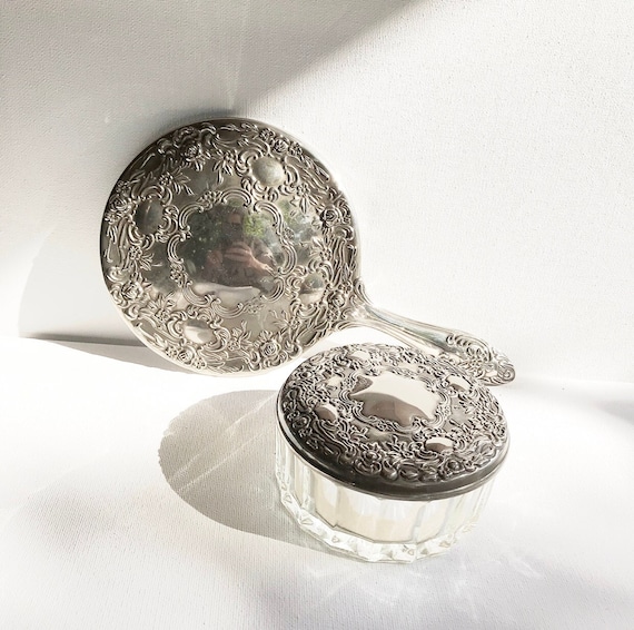 Vintage hand mirror with powder box, silver plated / baroque pattern / glass lidded box for powder / antique