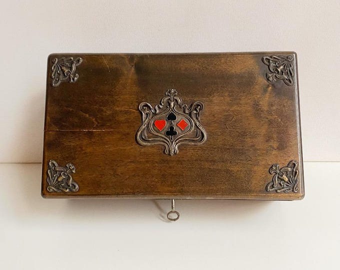 Antique Art Nouveau wooden box for playing cards, lockable storage, chest with playing card motifs