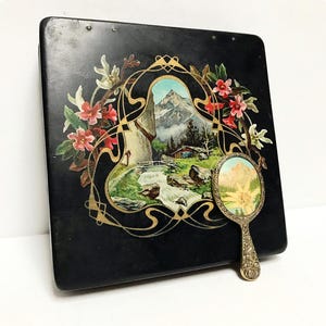 Antique Art Nouveau papier-mâché lacquer box with Alpine motif / jewelry or letter storage, box / black / hand mirror with real edelweiss