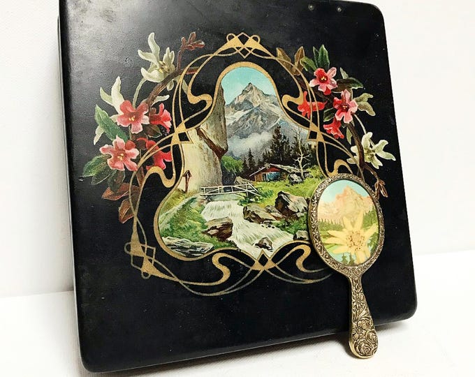Antique Art Nouveau papier-mâché lacquer box with Alpine motif / jewelry or letter storage, box / black / hand mirror with real edelweiss