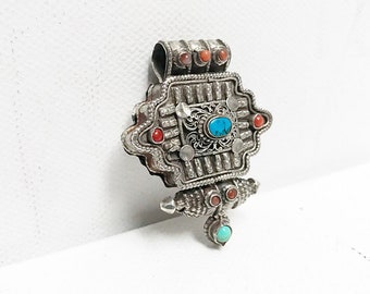 Antique Gau pendant, Tibetan Ghau prayer box jewelry, silver with turquoise and coral stones