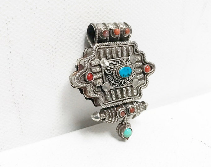 Antique Gau pendant, Tibetan Ghau prayer box jewelry, silver with turquoise and coral stones