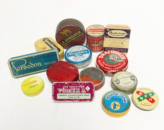 Vintage Miniatur Blechdosen, Medizin und Pharmazeutika, Tabletten, Pastillen und Salben, Creme Dosen, Antik Mini Dosen, Werbung