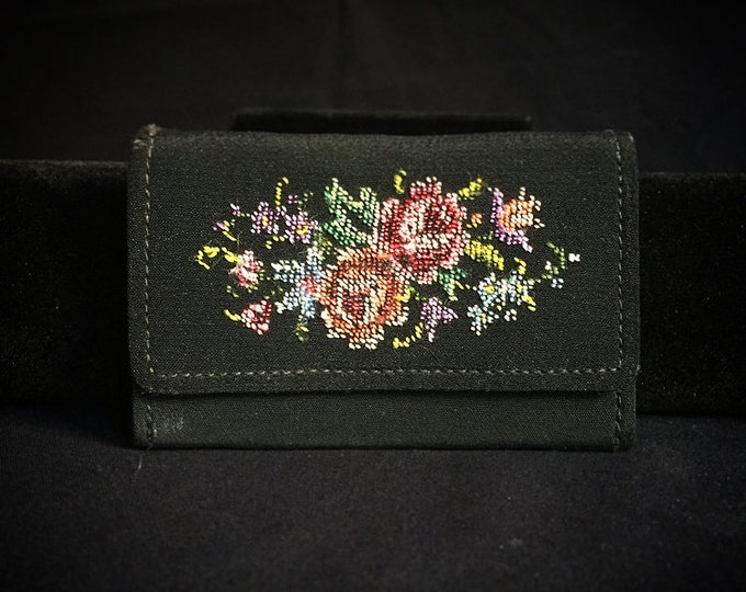 Vintage Petit Point Wallet / Mini Wallet / Embroidered / Black, with Floral Motif