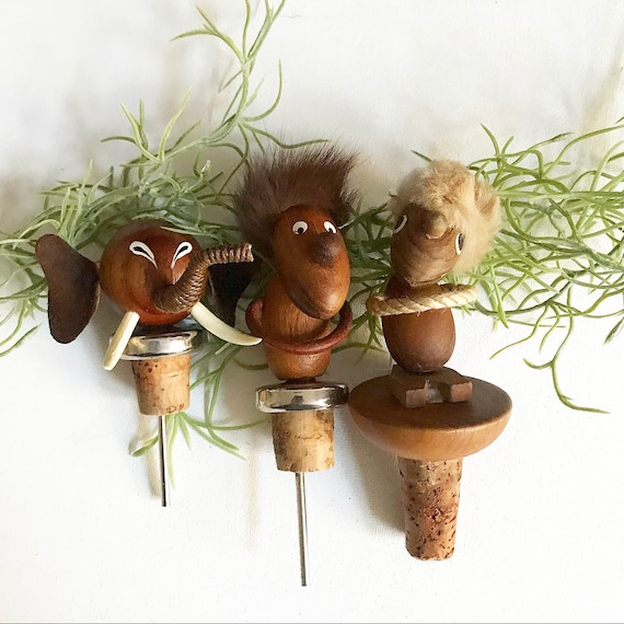 Vintage Liquor Pourer / Decorative Bottle Corks / Optimist & Pessimist / Teak Elephant /Bojesen Bolling /Danish Design /Teak Wood Figure/60s