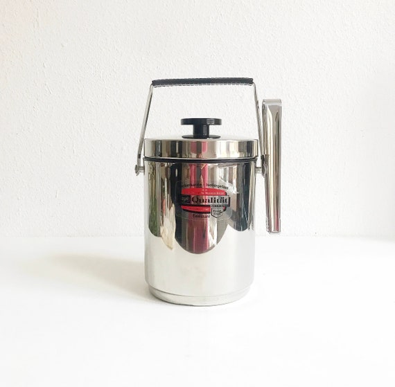 Vintage "Alfi" 0.75 ml thermos flask in original packaging, ice cube container with lid, chrome-plated brass, with strainer insert and tong