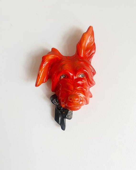 Antique Art Deco Goebel ceramic wall picture F.X. 983 A, Scotch Terrier dog, orange