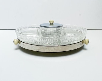 Antique Art Deco cabaret serving platter, serving bowls made of pressed glass on a mirror tray, rotatable, chrome-plated centerpiece