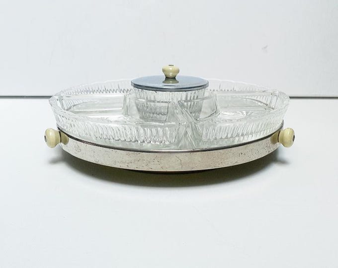 Antique Art Deco cabaret serving platter, serving bowls made of pressed glass on a mirror tray, rotatable, chrome-plated centerpiece