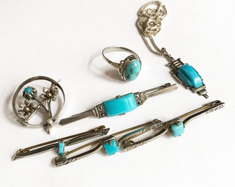 Antique / Art Nouveau / Art Deco / Silver Jewelry / Chain / Ring / Pendant / Bar Brooch Marcasites / Turquoise Gemstone Trim / 800 Silver